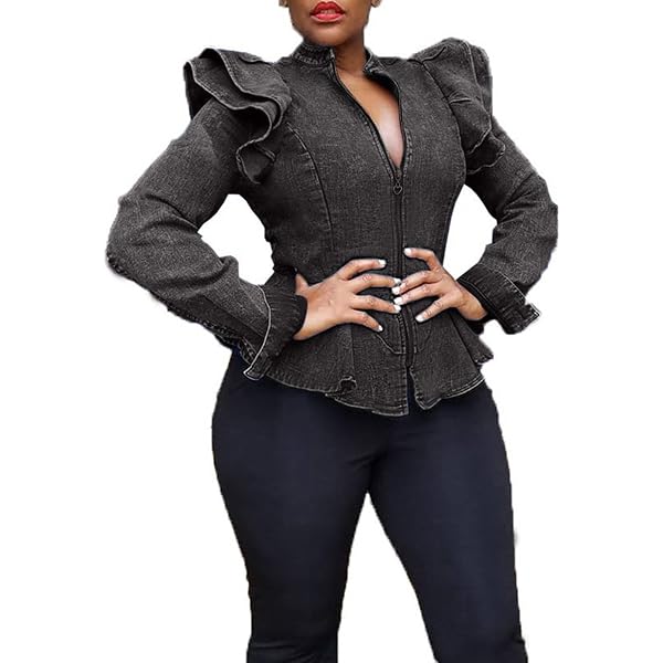 SX Denim Jacket for Women Zipper Rivet Short Tailcoat Denim Long